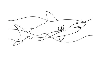 Obraz premium A singleline drawing depicts a shark gracefully moving through water. The minimalist style focuses on the sharks form and streamlined movement. The ocean is suggested by wavy lines.