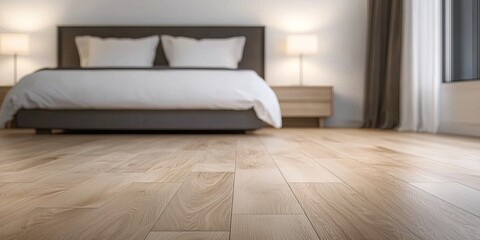 A serene bedroom featuring a stylish bed, soft lighting, and elegant wooden flooring, creating a cozy and inviting atmosphere.