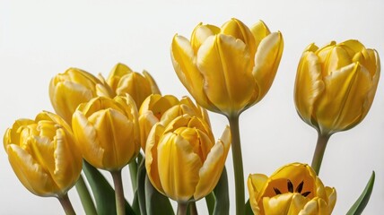 Obraz premium Lemon Yellow Tulips in a Cluster Isolated on White Background with Soft Lighting and Delicate Petal Detail