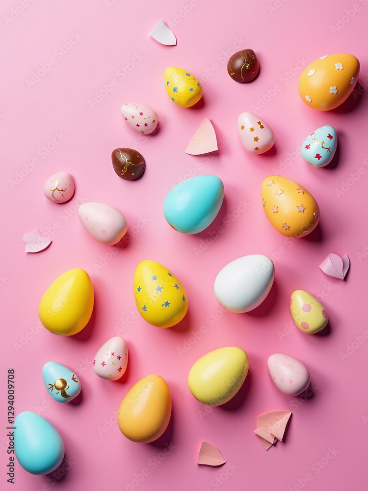 Poster colorful easter eggs and chocolate lie flat in a modern composition against a bright pink background