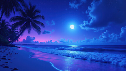serene beach scene at night with glowing moon, palm trees, and gentle waves. vibrant colors create tranquil atmosphere