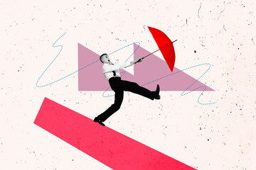 Trend artwork composite banner photo collage of young man fashion vintage style walk platform hand...