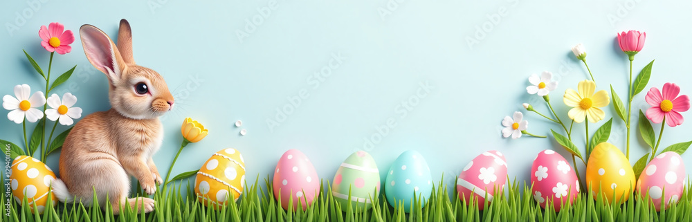 Poster colorful easter design features cute bunny surrounded by easter eggs and flowers on a top view flat 