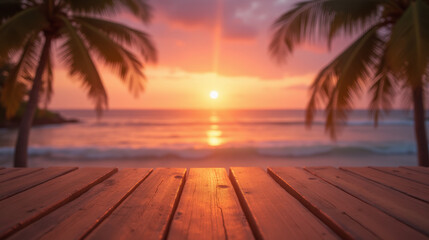 serene sunset view over beach with palm trees and wooden deck