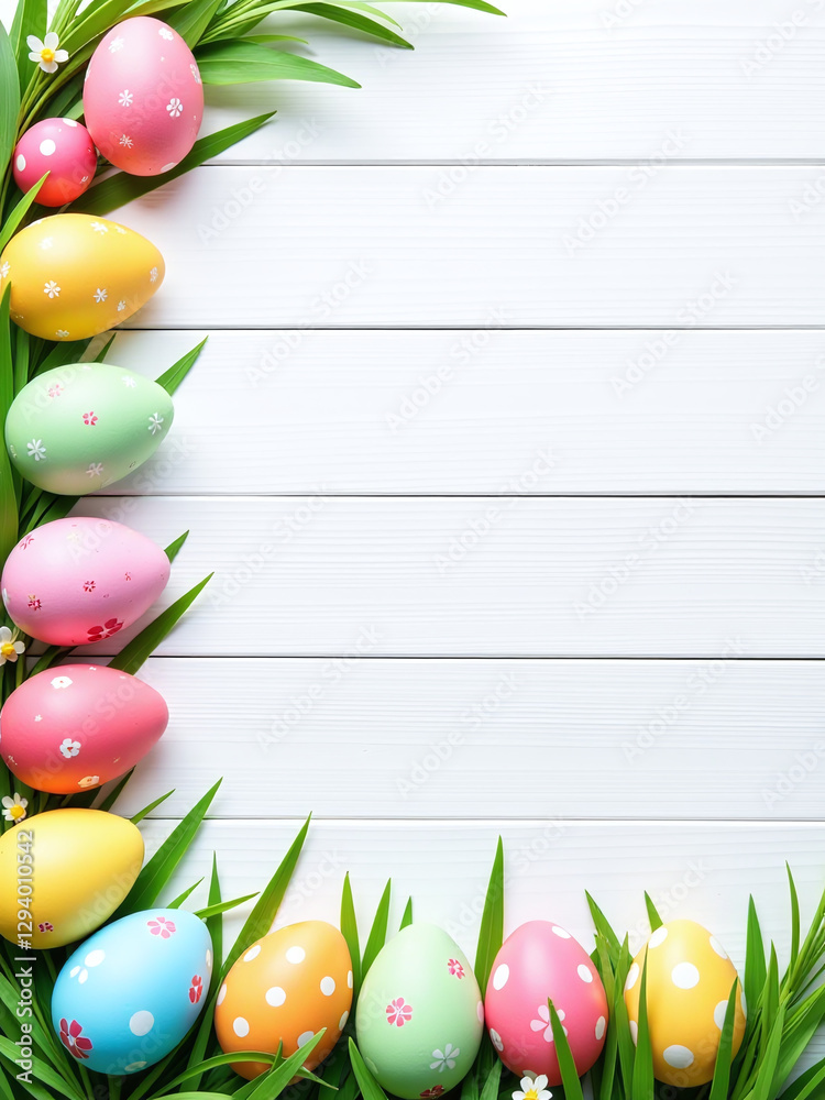 Poster Colorful Easter Banner With Double Egg Side Border Against A White Wood Background Features A Large Copy Space Above It.