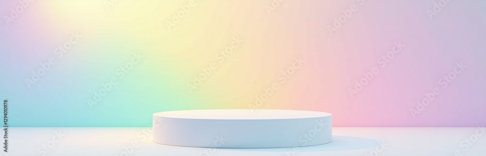 Poster clean podium featuring a soft rainbow gradient for spring, white background detailed light refractio