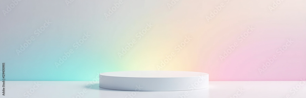 Poster clean podium featuring a soft rainbow gradient for spring, white background detailed light refractio