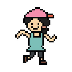 Obraz premium Cute cartoon run exercise pixel cartoon 8bit character woman lady run running jog cardio lifestyle decoration life style 8 bit female jog marathon exercise game 8 bit game vector.