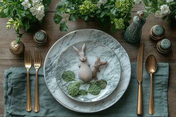 table setting in an elegant and natural style. In the center of the composition are two marble plates with a gold edging, 