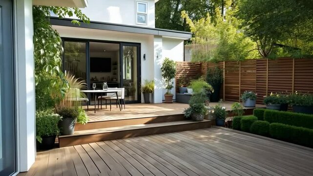A modern backyard with wooden decking, lush plants, and a cozy seating area. Shot from a low angle, this video captures a serene outdoor space.