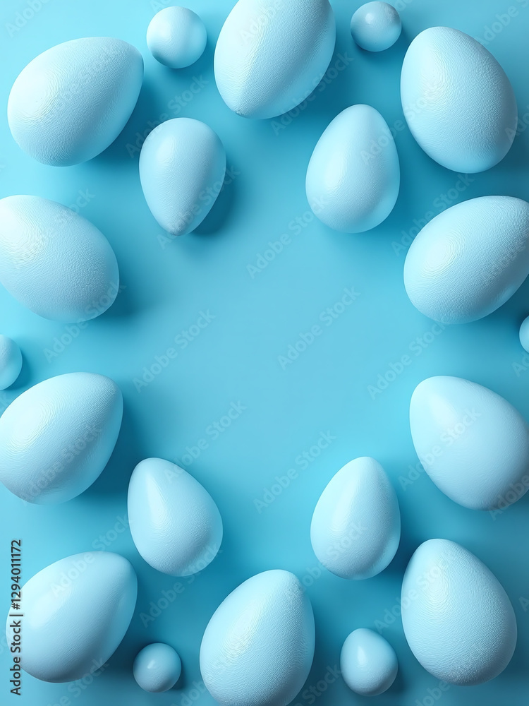 Poster Classic Blue Easter Eggs With Various Textures On A Matching Seamless Blue Background In Web Banner Format.