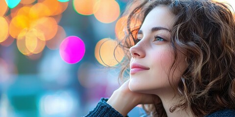 Naklejka premium Portrait of a Thoughtful Woman with Soft Bokeh Background