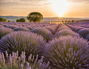 Obraz premium Lavender bushes closeup on sunset. Sunset gleam over purple flowers of lavender. Provence region of France.