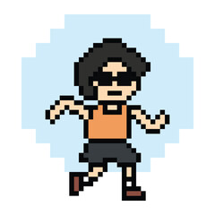 Fototapeta premium Cute pixel cartoon exercise run 8bit character man run running jog cardio lifestyle decoration life style 8 bit male boy jog marathon exercise png game 8 bit vector.