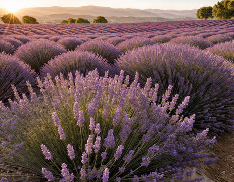 Lavender bushes closeup on sunset. Sunset gleam over purple flowers of lavender. Provence region of France.