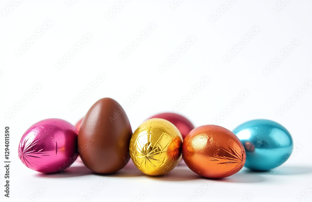 Poster chocolate eggs wrapped in bright foil are set against a clean white background as part of a colorful