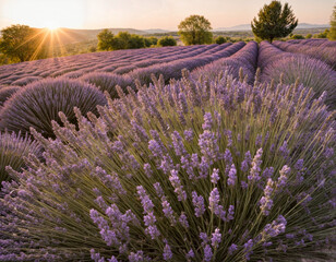 Obraz premium Lavender bushes closeup on sunset. Sunset gleam over purple flowers of lavender. Provence region of France.