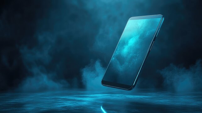Floating smartphone hovering diagonally, blank screen glowing softly in a futuristic scene.