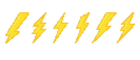 Set of pixel art lightning bolt. Retro game effect. 8 bit thunderbolt, lightning strike. Bright electric icon. 2D sprite sheet