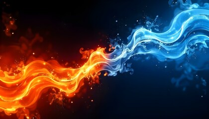 Obraz premium Arte digital abstracto de fuego y hielo, con llamas en tonos de rojo, naranja y amarillo a la izquierda, y hielo en tonos de azul y blanco a la derecha, sobre un fondo negro, creando un contraste