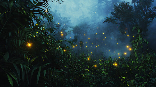 A Mysterious Jungle Scene at Night with Glowing Fireflies, Tall Trees, and a Moonlit Sky