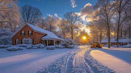 Winter morning sunlight over brick house after snowfall