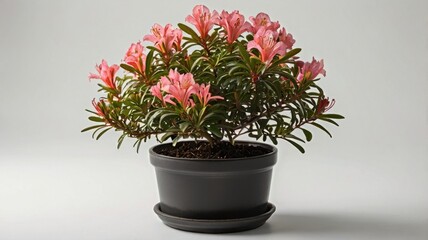 Obraz premium Small Azalea Shrub in Dark Pot with Delicate Pink Flowers Isolated on a White Background Exhibiting Green Foliage and Blooming Freshness