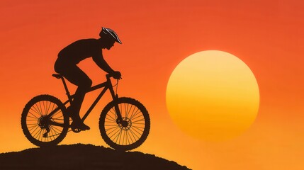 Obraz premium Silhouette of cyclist riding mountain bike against a large, vibrant sunset. Warm orange and yellow tones dominate the scene. The cyclist is depicted