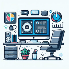 computer, technology, digital, business, communication, laptop, tech, device, design, pc, work, internet, office, web, desktop, monitor, employee, information, modern, data, electronic, vector, backgr