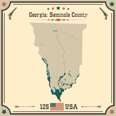 Large and accurate map of Seminole County, Georgia, USA with vintage colors.