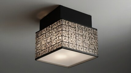 Square Black Ceiling Lamp with Geometric Shade Design on White Ceiling for Home Interior Illumination