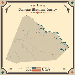 Large and accurate map of Stephens County, Georgia, USA with vintage colors.