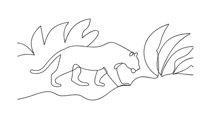 A minimalist line drawing depicts a jaguar or similar big cat amidst lush tropical foliage. The singleline style creates a continuous, elegant image of wildlife in its habitat.