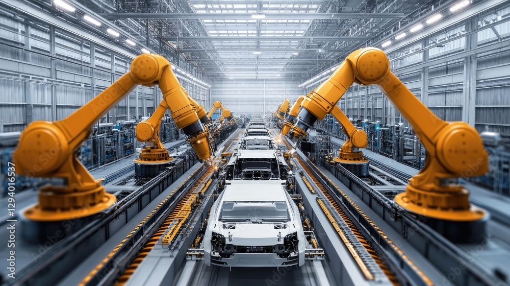 Poster fully automated car factory, robotic arms assembling various components with precision.