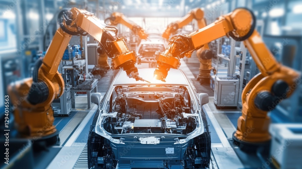 Poster fully automated car factory, robotic arms assembling various components with precision.