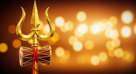   Hindu god Shiva's musical instrument pellet drum Damaru or Damroo, trident or trishul  in blur bokeh background, Greeting card for Hindu religion, maha Shivratri concept, copy space