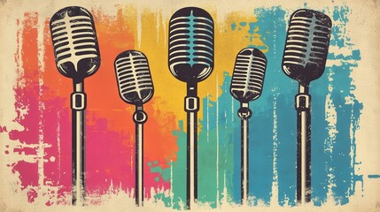 Vintage Microphones on Colorful Grunge Background in Retro Style