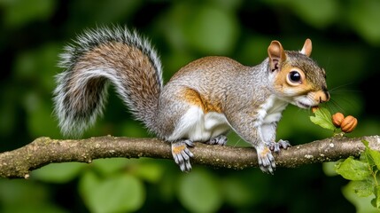 Obraz premium Grey squirrel perched on a tree branch, eating a nut. Close up shot with blurred green background. Natural light illuminates the scene