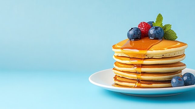 A stack of golden pancakes drizzled with syrup and topped with fresh blueberries and raspberries sits on a white plate against a light blue