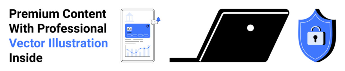 Smartphone displaying data chart and notification, laptop, and shield with lock symbol. Ideal for cybersecurity, content protection, digital tools, secure access, analytics, privacy abstract line