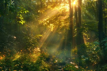 Obraz premium golden rays cascade through verdant tapestry of a lush woodland, casting ethereal patterns of luminescence upon enchanted forest floor. MZ 