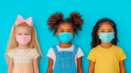 Back to school: Three diverse children wearing protective face coverings against bright backdrop, concept of education during the time of illness