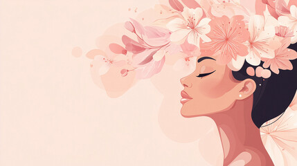 Elegant woman with a floral crown in soft pastel tones, evoking a dreamy and romantic atmosphere..