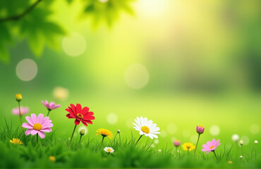 Beautiful Abstract Outdoor Scene Featuring Fresh Green Grass And Colorful Flowers In Soft Focus For Copy Space Use.