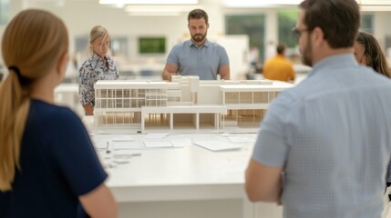 Fototapeta premium Architects collaborate on innovative model design in modern workspace creative environment professional viewpoint