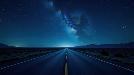 Fototapeta premium A long, dark highway stretches towards a brilliant, star-filled night sky, the Milky Way arching majestically above.