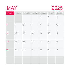 Classic monthly calendar for 2025. week starts on sunday. simple may 2025 calendar template. monthly planner design in box