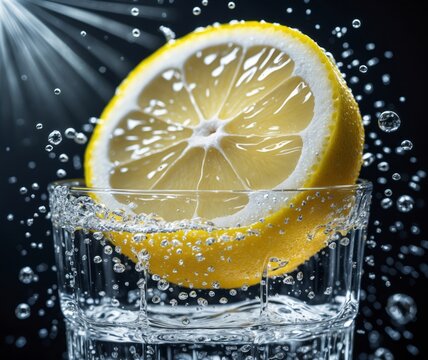 Sliced lemon rests in a glass of water splashing around