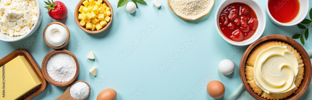 Poster Bake Ingredients Arranged On A Kitchen Table With A Pastel Background And Copy Space For Website Design.