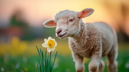 Obraz premium A young lamb intriguingly approaches a bright daffodil, surrounded by a lush green field. The warm sunlight emphasizes the newness of spring, symbolizing joy and renewal